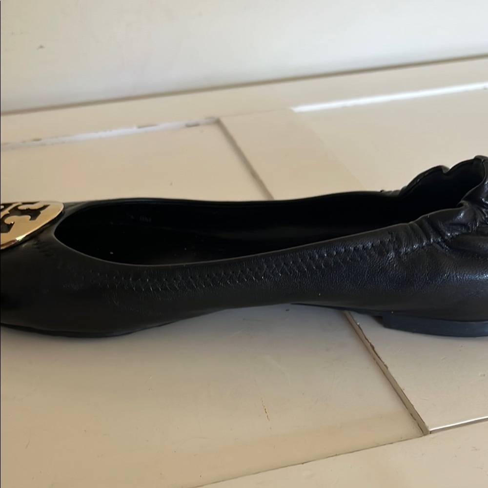 Tory Burch Black Leather Ballet Flats with Gold Logo Medallions - Picture 5 of 8